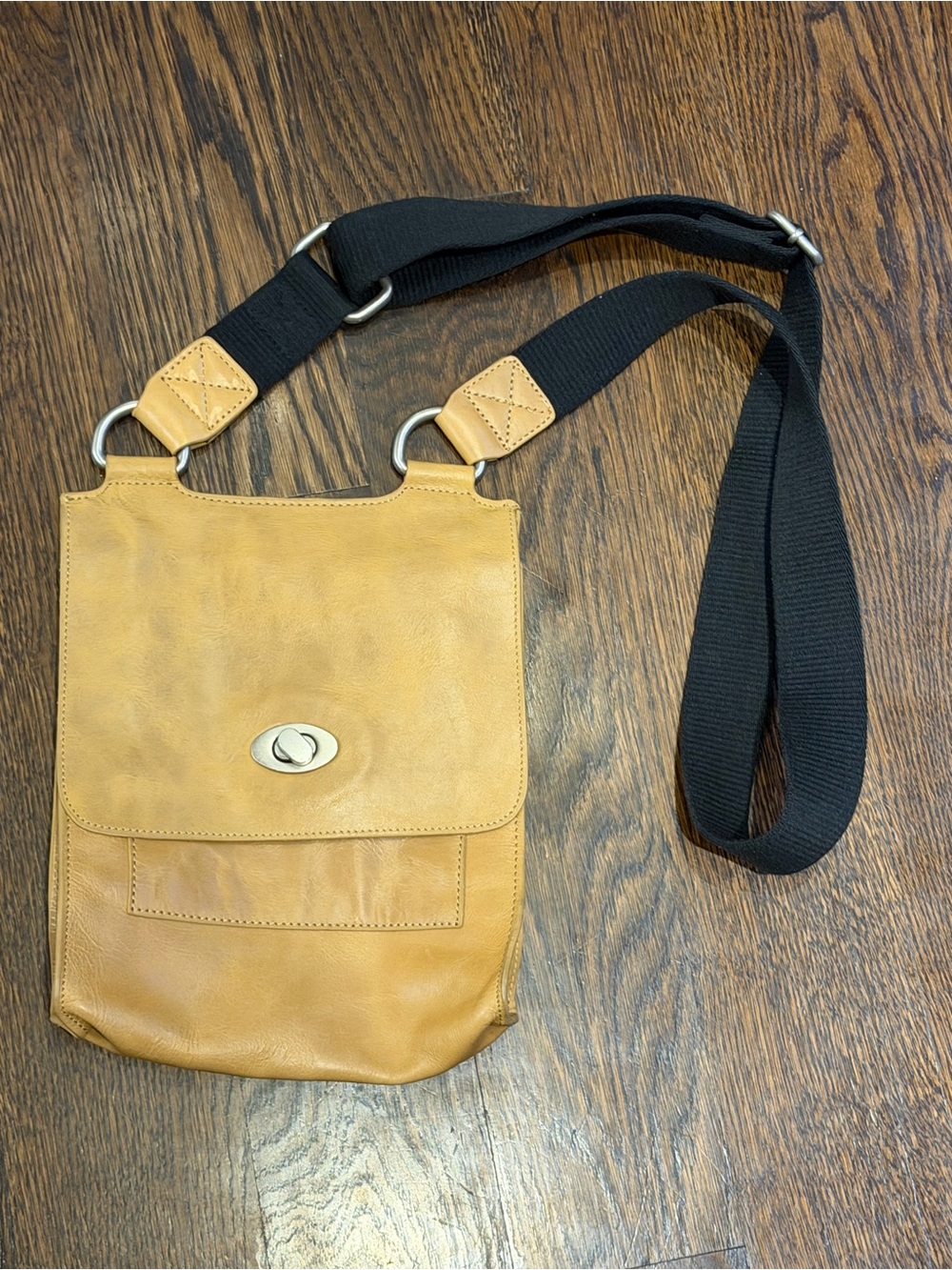 Women’s Tan Leather Crossbody Bag with Black Strap